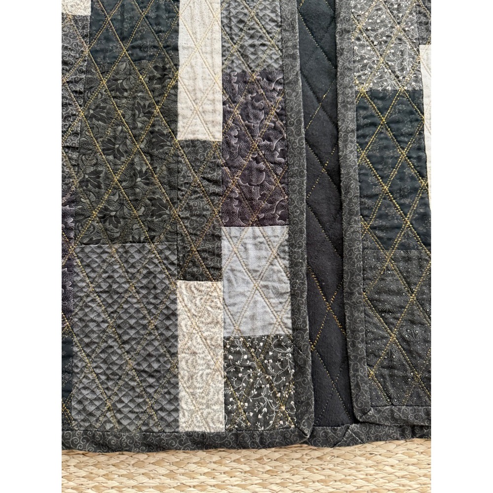Handmade Quilted Patchwork Jacket Open Front Cardigan Black Grey Boho XL - Picture 4 of 7